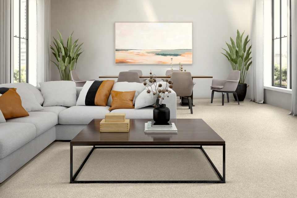 light beige carpet in modern living room with earth tones